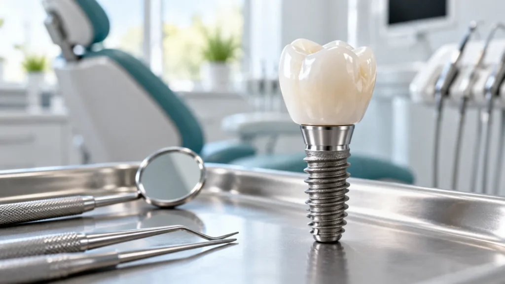 İmplant tedavisi: çene kemiğine yerleştirilmiş diş implantı ve üzerindeki kron modeli